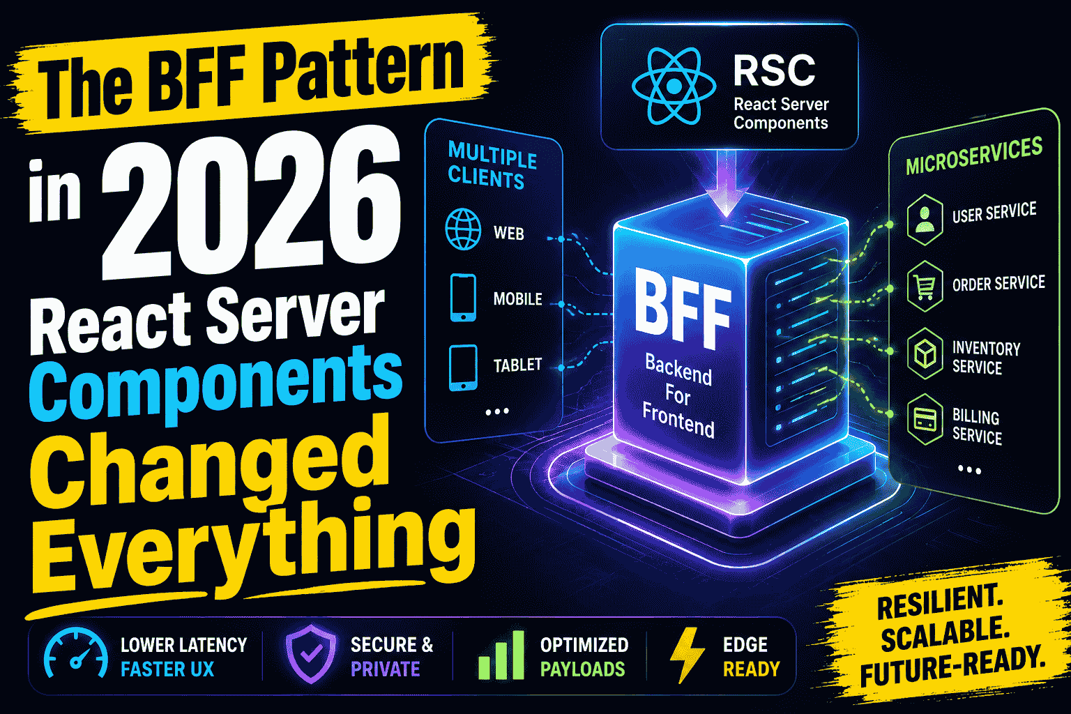 Architectural overview of the BFF pattern in 2026, featuring RSC, Edge orchestration, and production resilience patterns.