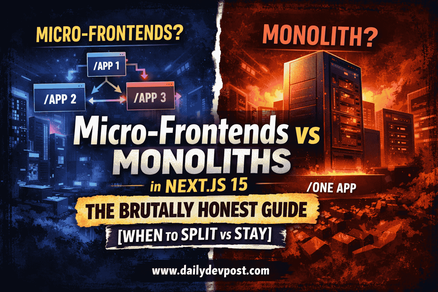Micro-Frontends vs Monoliths in Next.js 15 comparison showing when to split and when to stay monolithic